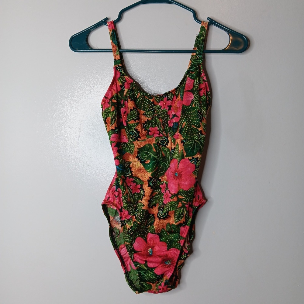 VTG 80's Athena One-Piece Swimsuit 8 Multicolor Tropical Open Back Bathing Suit